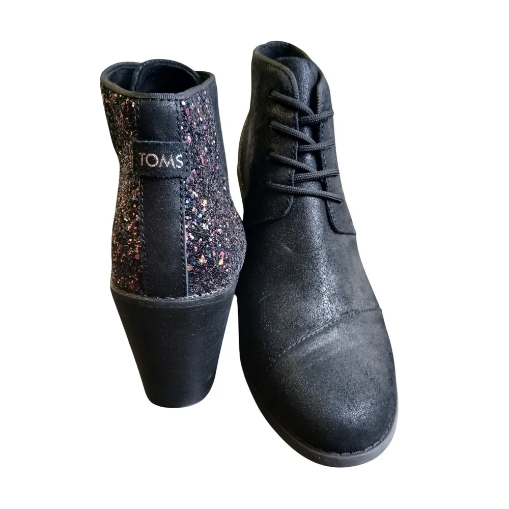 TOMS Kala Black Metallic Multi Glitter Lace Up Wedge Ankle Booties Womens 9